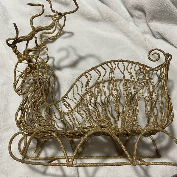 Other - Vintage Holiday Reindeer Antlers Basket Sleigh Sled 7.5" Wire Gold Glitter Xmas